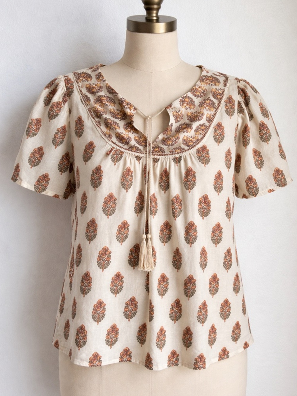 Wonderly Cream Peasant Top with Rust Floral Motif Cottagecore Boho Size M